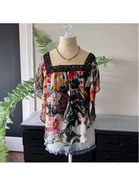 AGB Floral Ruffle Square Neck Blouse Flowing Poncho Style Black Size M
